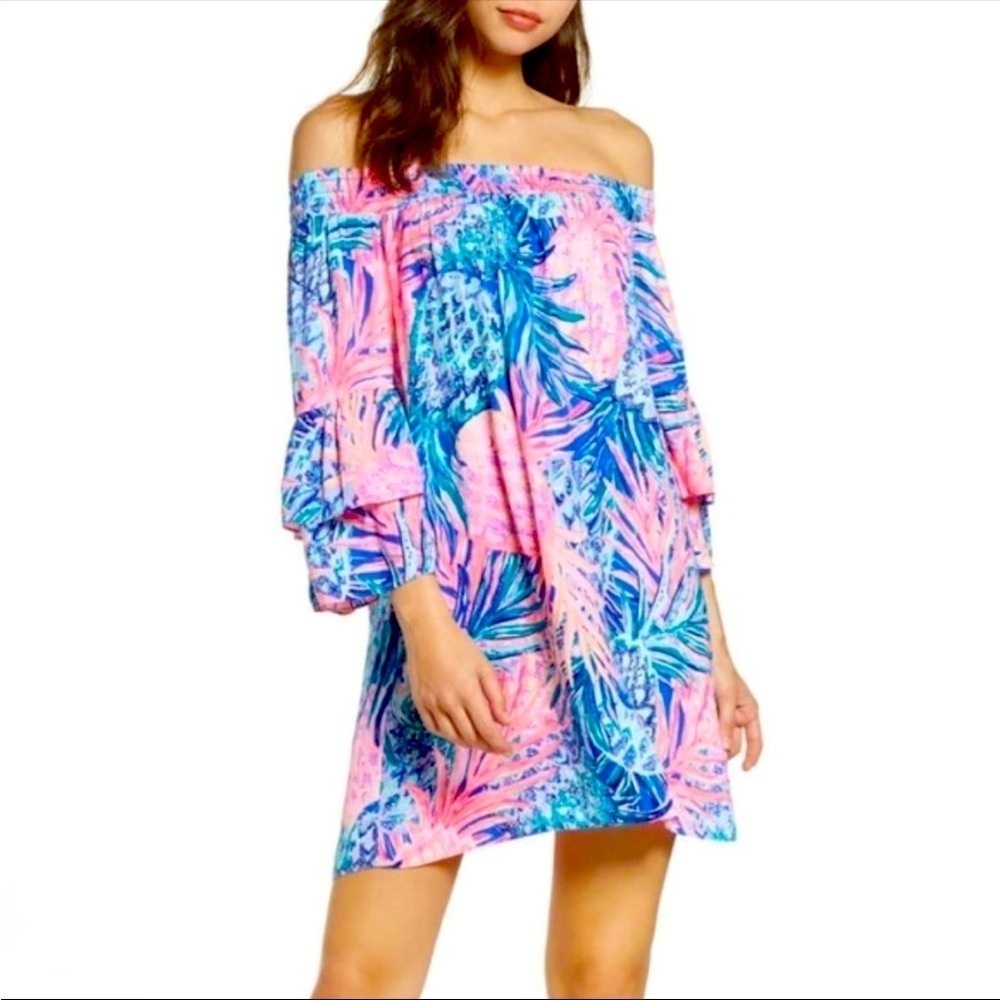 Lilly Pulitzer Tobyn Off-Shoulder Dress Tunic Gypsy Paradise Pineapple Print